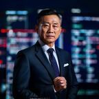 皇冠体育首席产品官张明远，西装革履站在数据大屏前，专业自信的体育科技行业资深专家形象